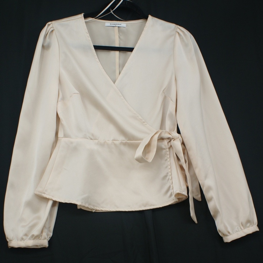 Glamorous Champagne Satin Wrap Top Long Sleeve Peplum Blouse V-Neck Beige Small